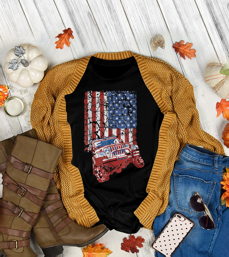 Off Road American Flag Jeep 4X4 Drivers Patriotic Adventure T-Shirt