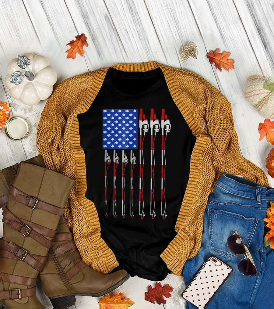 Patriotic American USA Flag Fishing Poles with Fish Stars T-Shirt