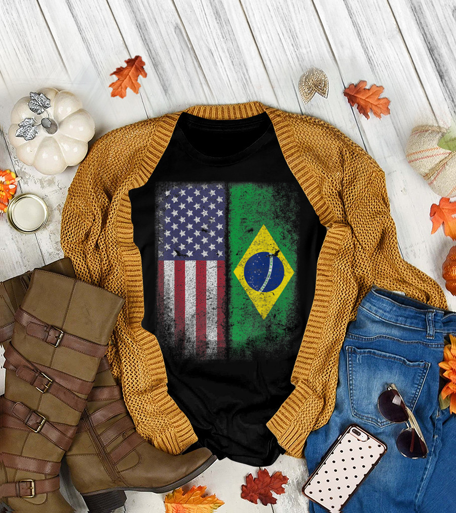 Brazil USA Flag Grunge Style Brazilian American Bandeira Do Brasil T-Shirt