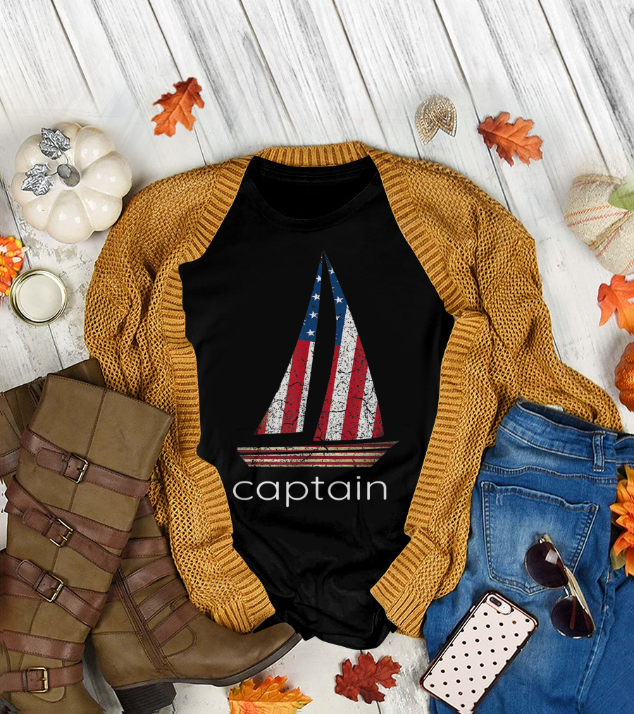 Captain Flag Sailing Two Sided American Patriotic Sailboat T-Shirt