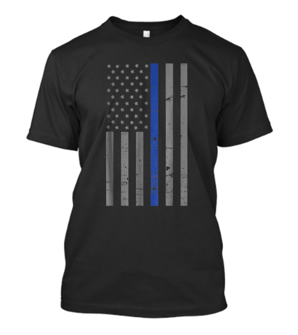 Thin Blue Line American Vertical Flag Distressed Black And White With Stars And Single Blue Stripe T-Shirt