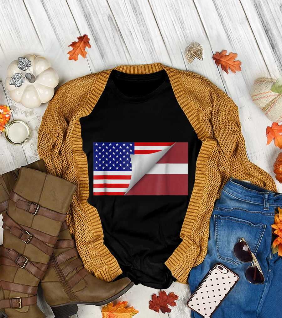 Latvian American Flag Peel Half Latvian Half American T-Shirt