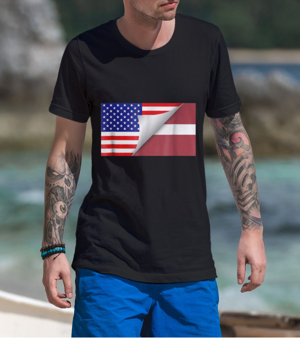 Latvian American Flag Peel Half Latvian Half American T-Shirt