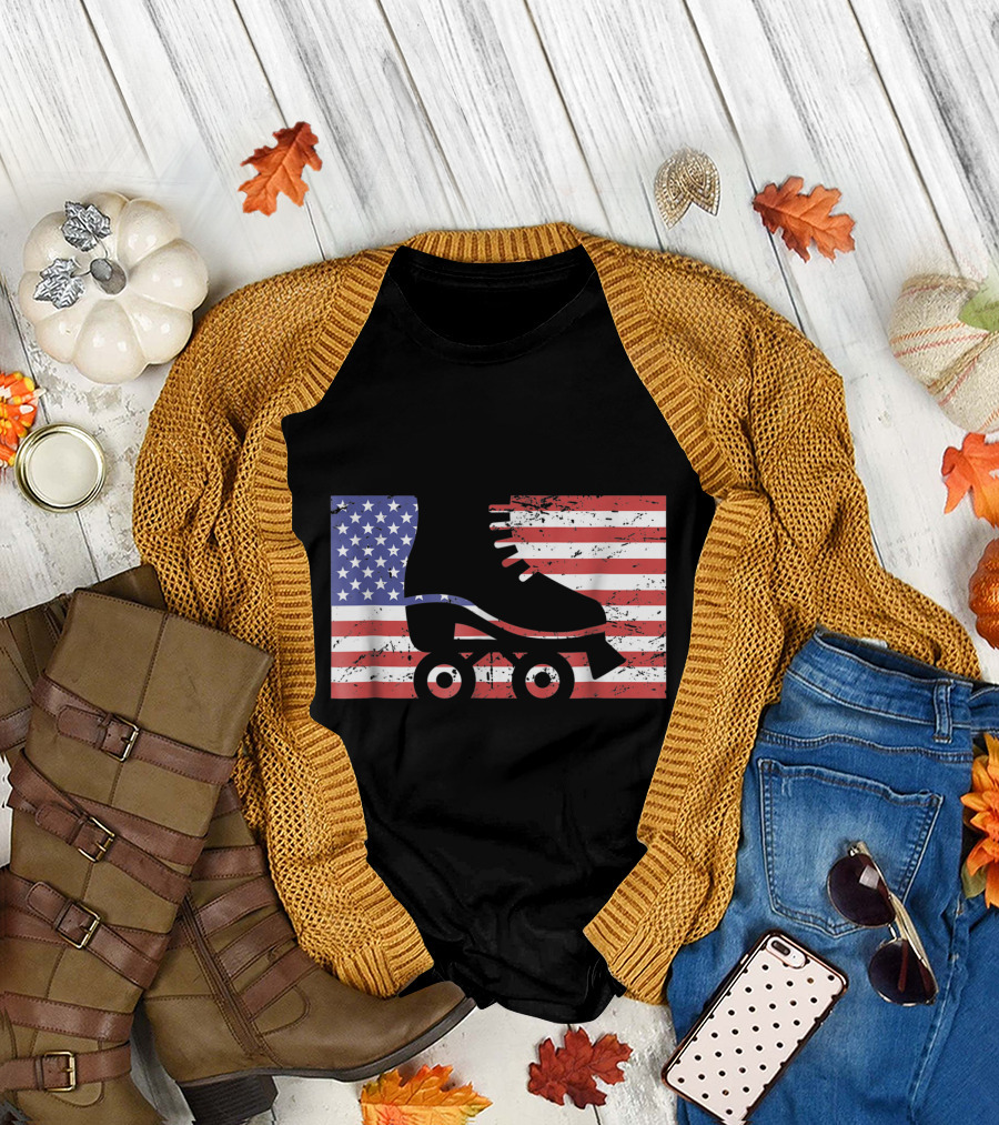 American Flag Stars and Stripes Roller Skate T-Shirt