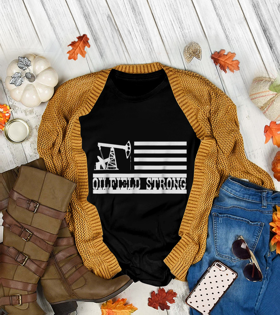 Oilfield Strong American Flag Pump Jack Patriotic T-Shirt