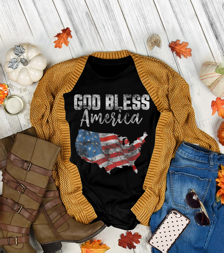 God Bless America American Flag Map 4th of July USA T-Shirt