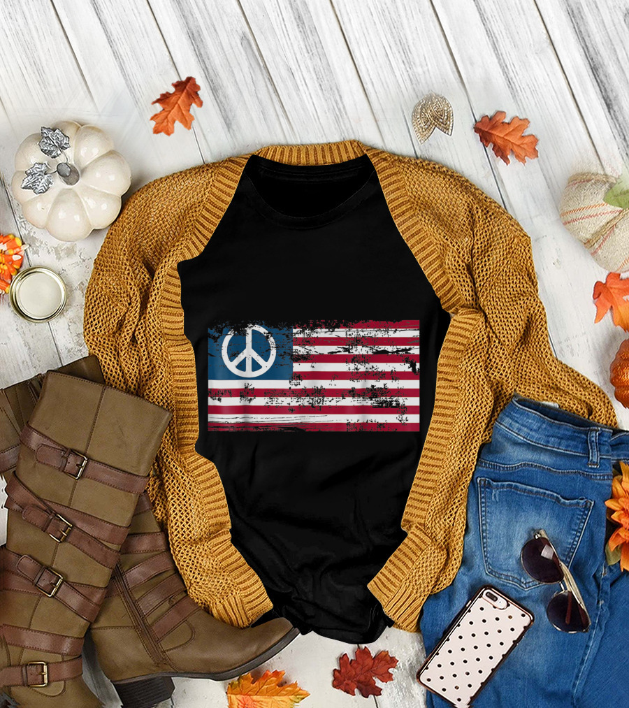 Distressed American USA Flag with Peace Sign Symbol in Blue and Red Stripes T-Shirt