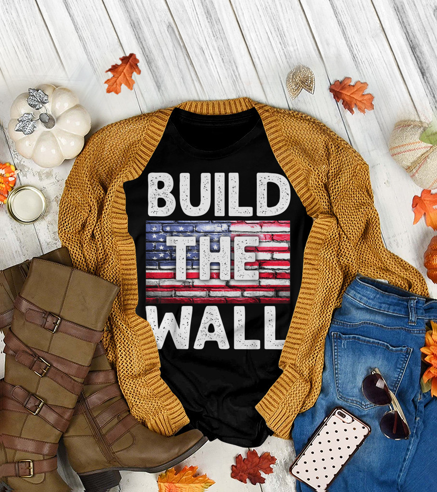 Build The Wall American Flag Brick Background T-Shirt