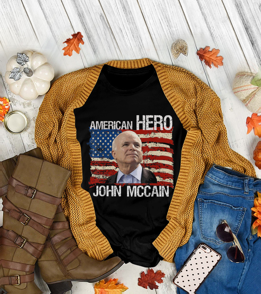 John McCain American Hero with USA Flag T-Shirt