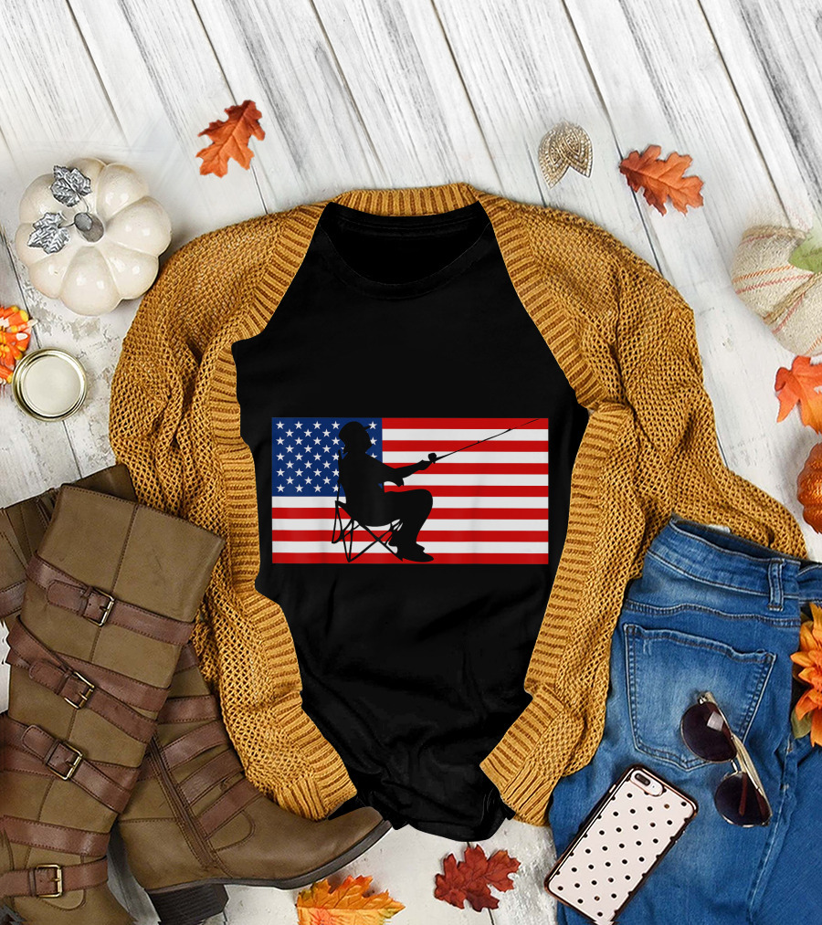 American Flag Silhouette Fisherman 4th of July Patriotic USA T-Shirt