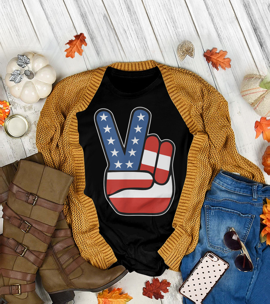 Peace Hand Sign with American Flag T-Shirt