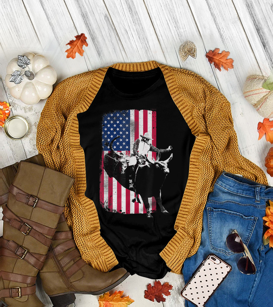 Patriotic American Flag Rodeo Bull Rider Cowboy T-Shirt
