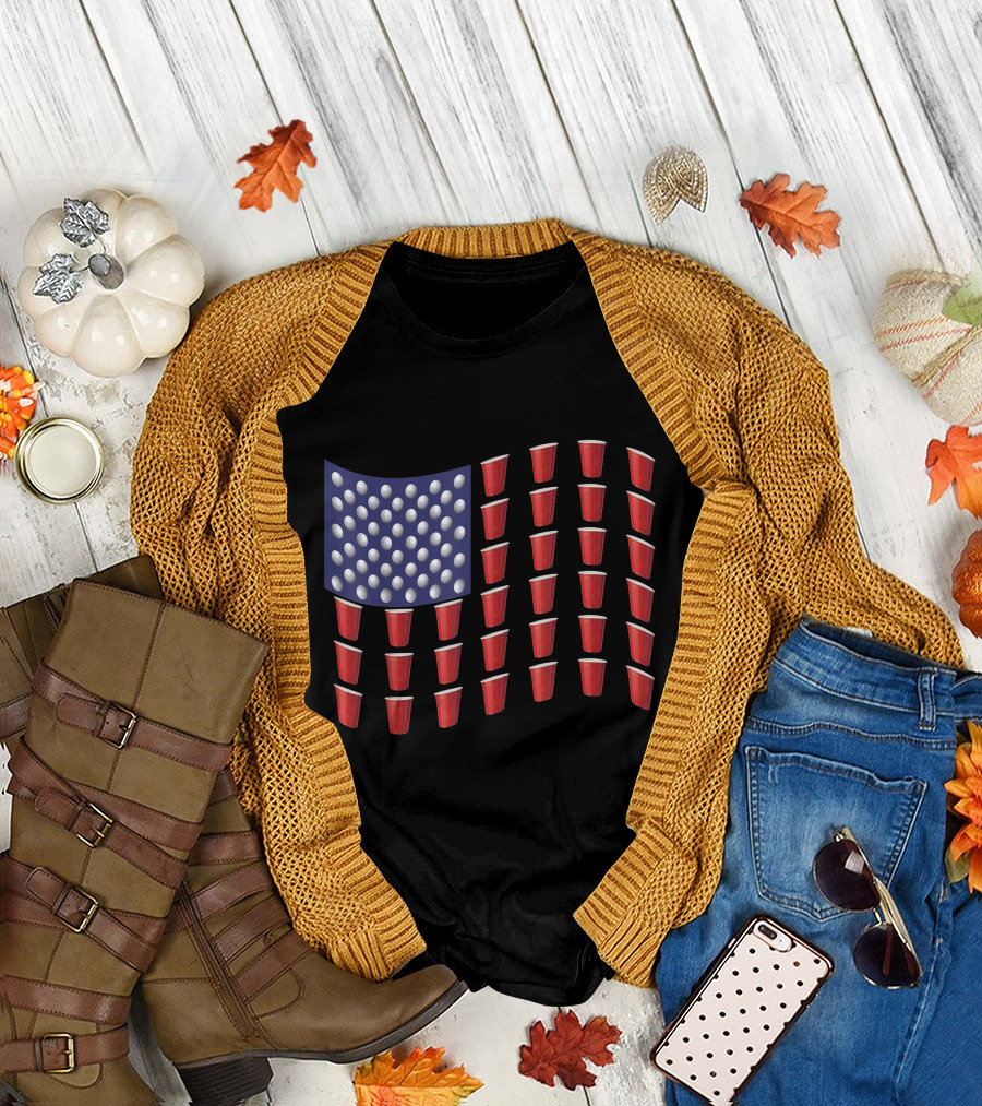Beer Pong Red Cup American Flag USA July T-Shirt