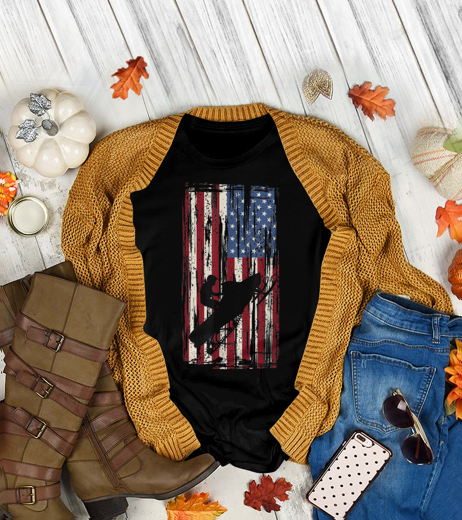 Snowmobile Rider Silhouette on American Flag Background T-Shirt