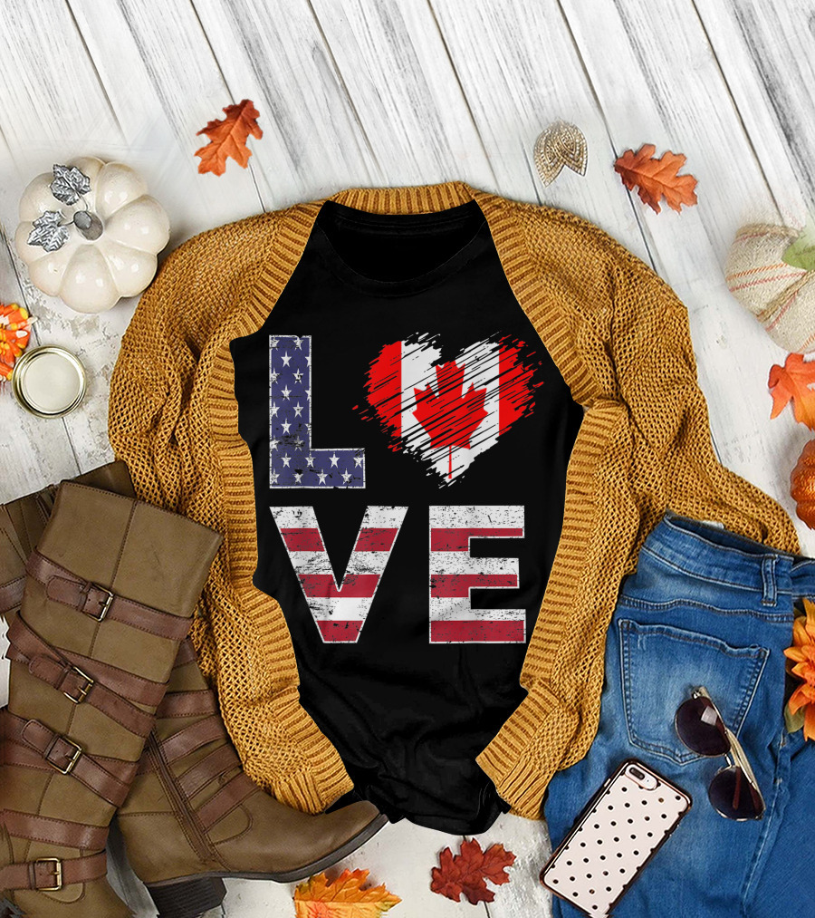 Love USA Canada Flag Heart Canadian American Flag T-Shirt