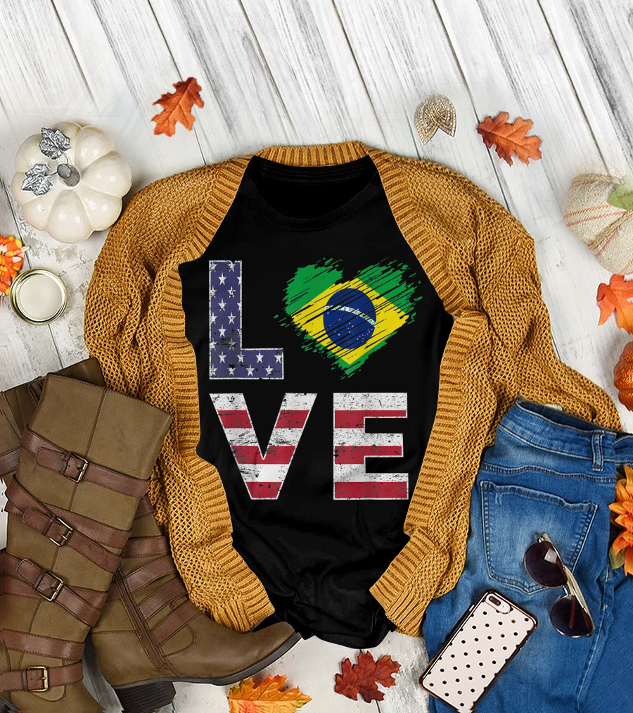 Brazilian American Flag Heart Love USA Brazil T-Shirt