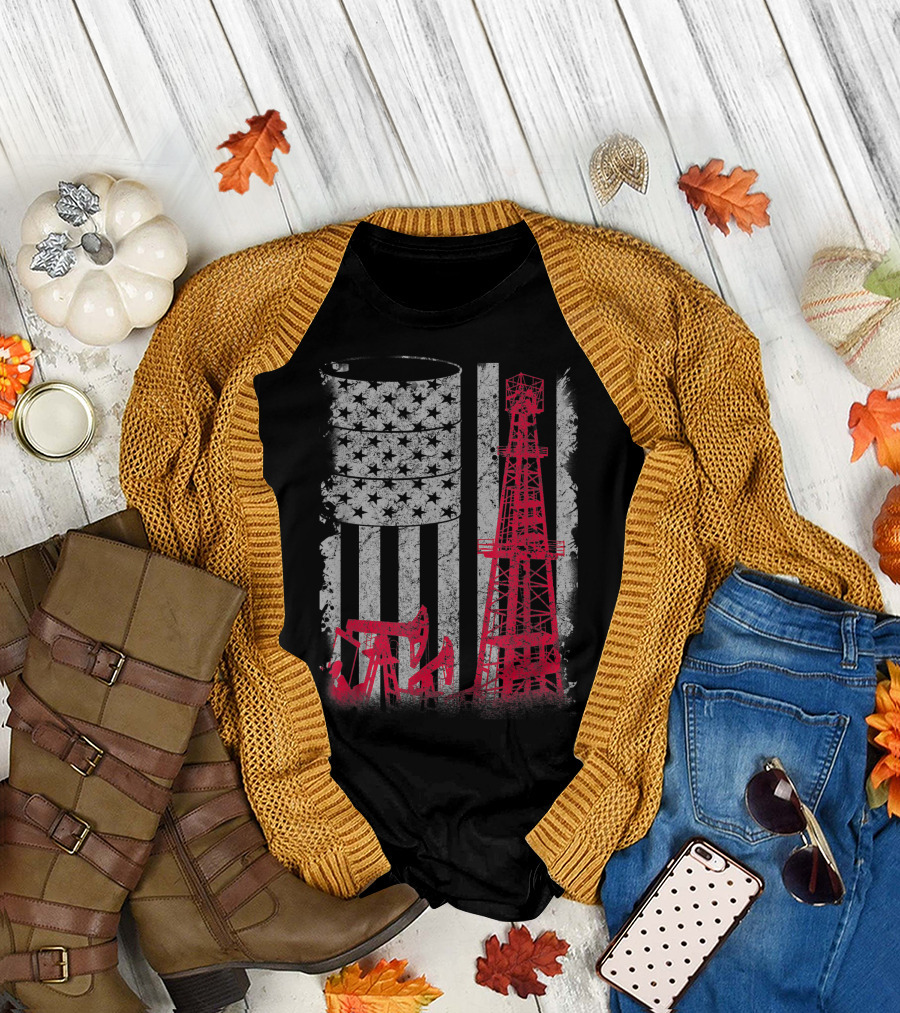 Oilfield Essential Oil Rig with American Flag Barrel and Stripes T-Shirt