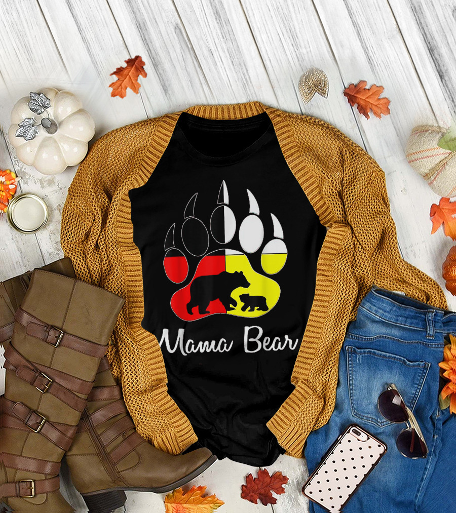 Mama Bear Tribal Colors Pawprint with Bear T-Shirt