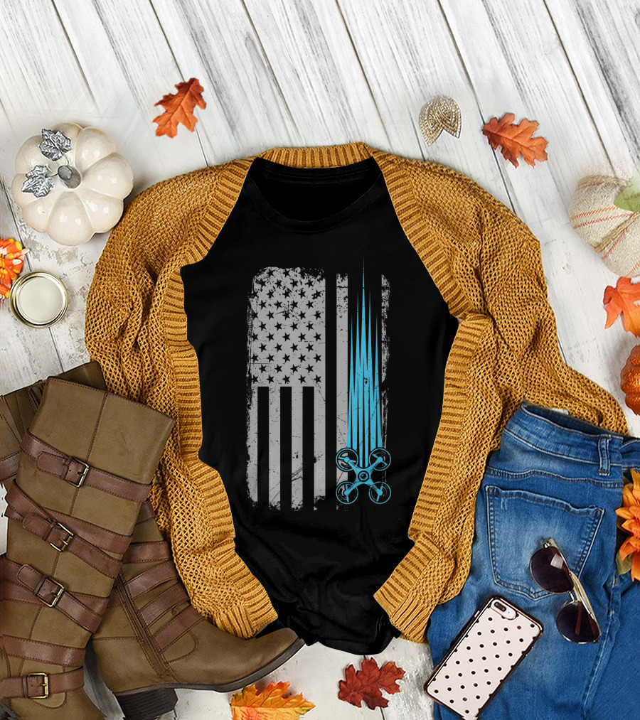 Distressed American Flag with Drone Racing T-Shirt