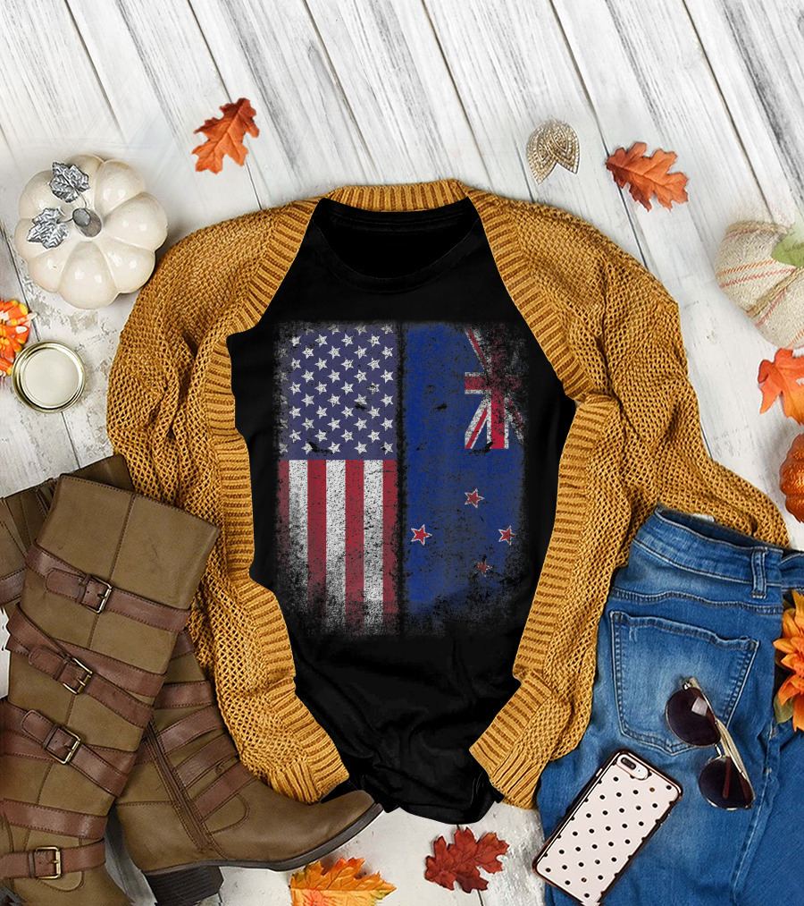 Kiwi American Flag New Zealand USA America Pride Dual Flags T-Shirt
