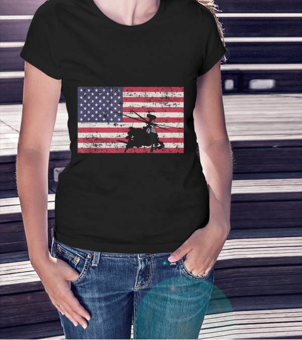 American Flag With AH-64 Apache Helicopter T-Shirt