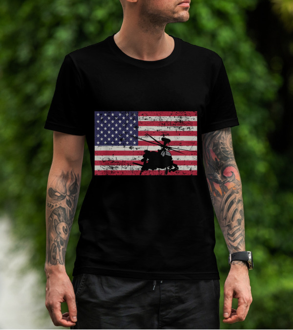 American Flag With AH-64 Apache Helicopter T-Shirt