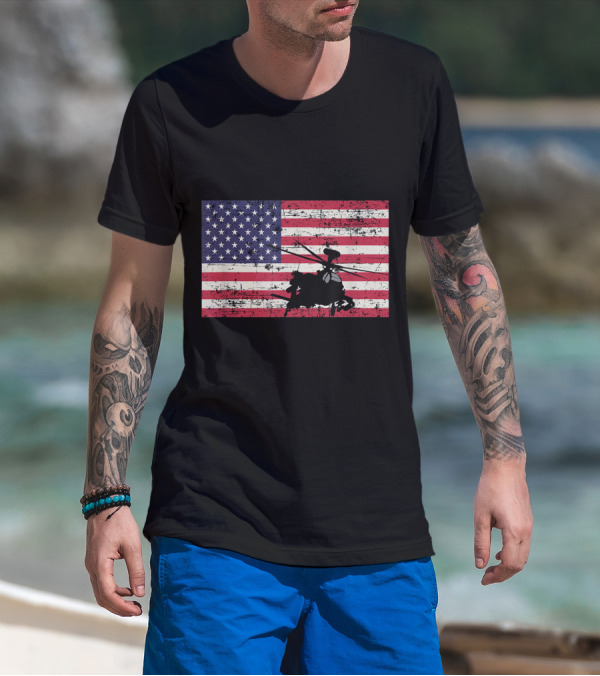 American Flag With AH-64 Apache Helicopter T-Shirt