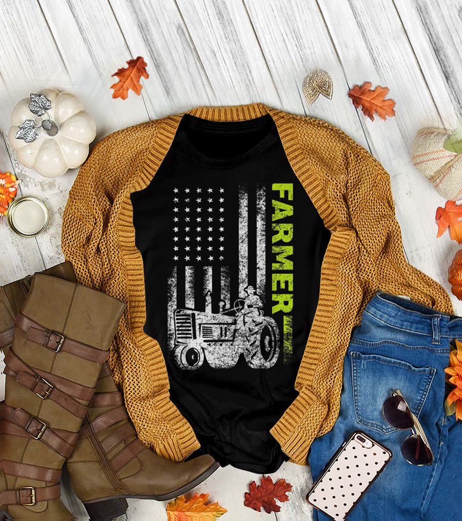 Farmer Tractor American Flag Stars Stripes Vintage T-Shirt