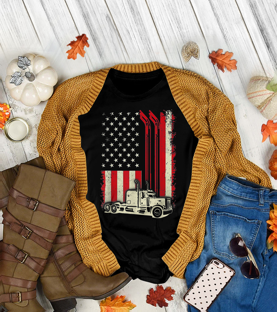American Flag Big Rig Truck Patriotic T-Shirt