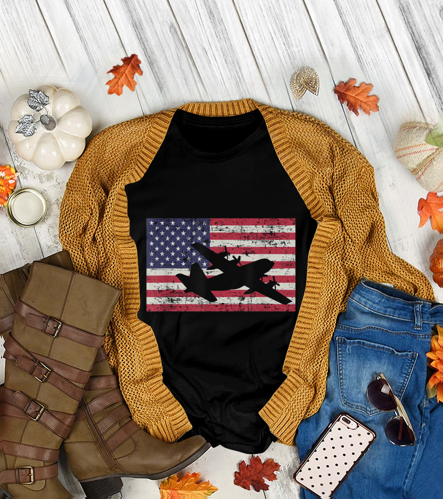 Patriotic C 130 Hercules Airplane American Flag T-Shirt