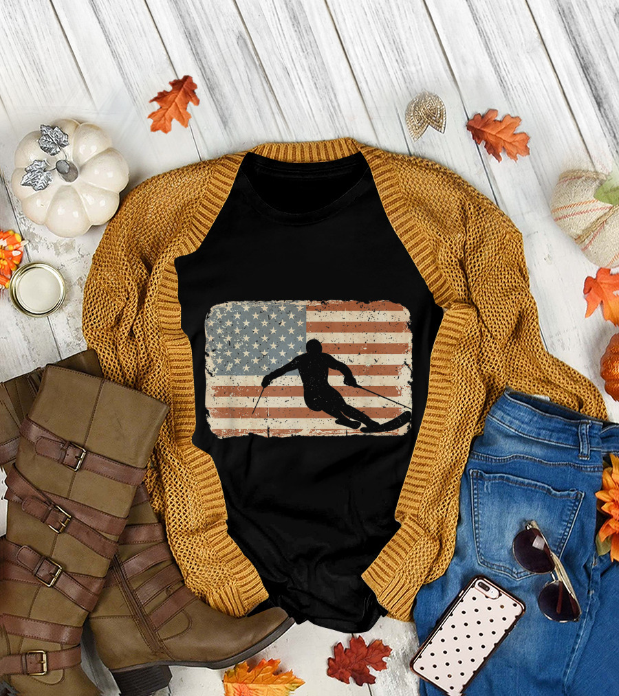 American Flag Skiing Vintage Patriotic Skiier T-Shirt