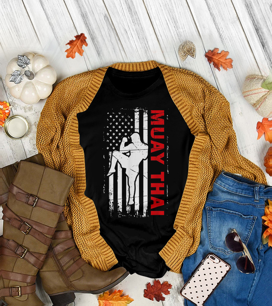 Muay Thai Fighter Silhouette with American Flag for Enthusiasts T-Shirt