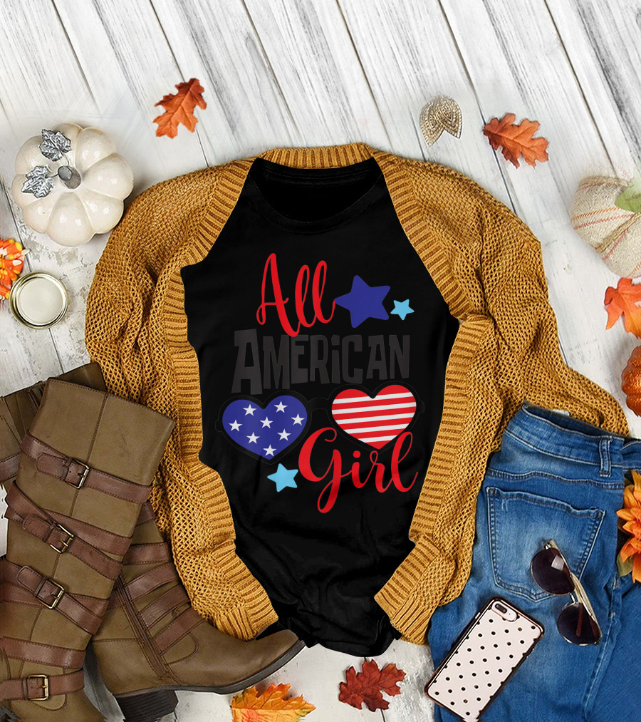 All American Girl Patriotic Stars Stripes Heart Sunglasses T-Shirt