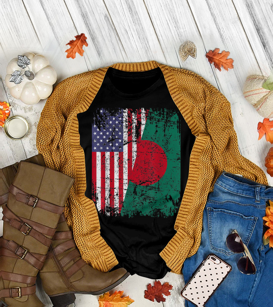 Bengali Roots Bangladesh Half American Flag T-Shirt