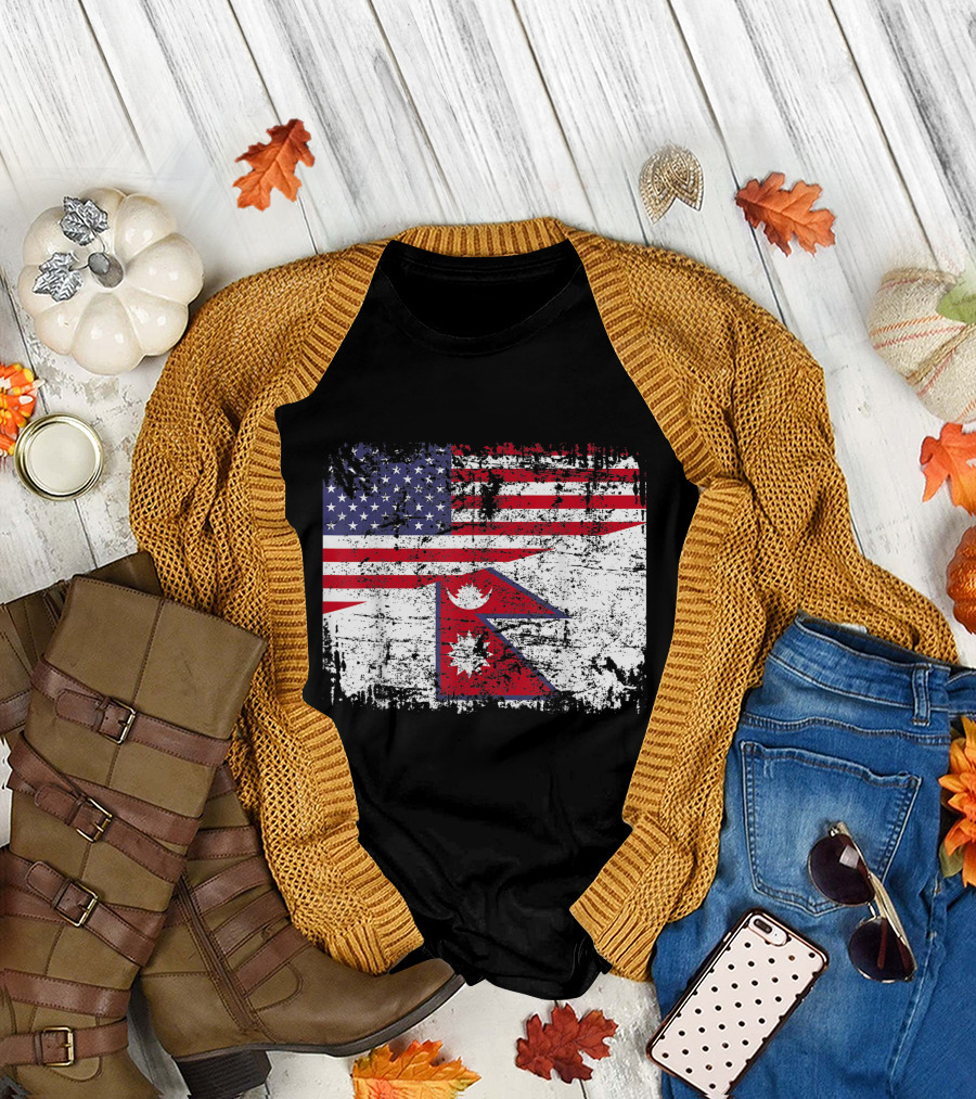Nepalese Roots Half American Flag Nepal Iconic Hybrid T-Shirt