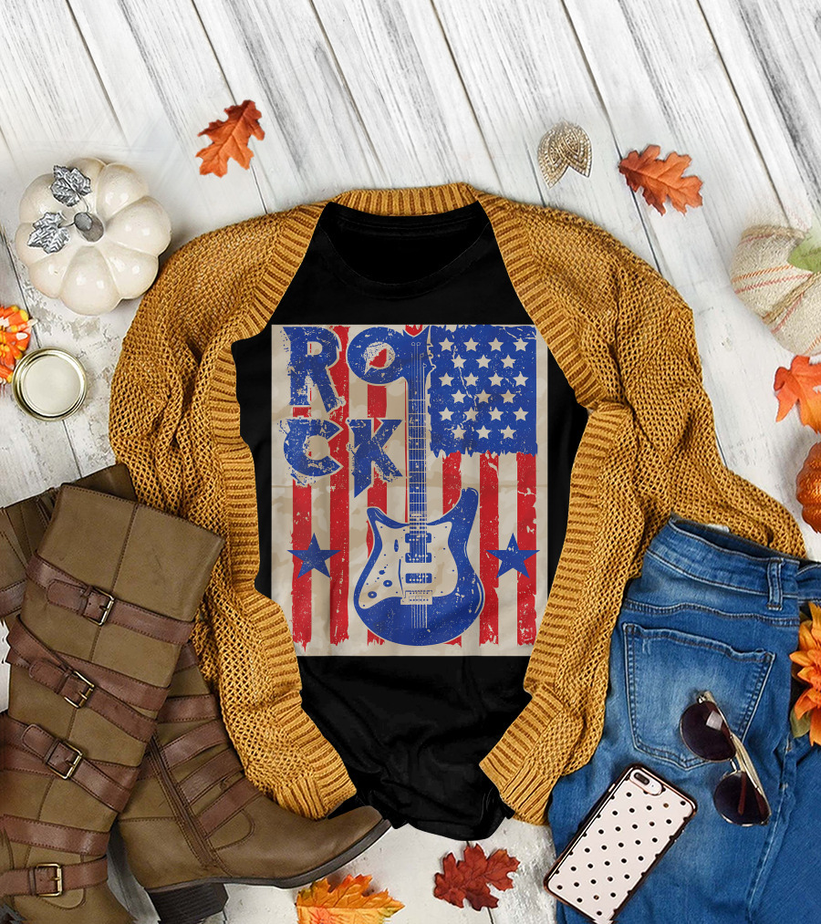 Rock Guitar American Flag Vintage USA Music Band T-Shirt