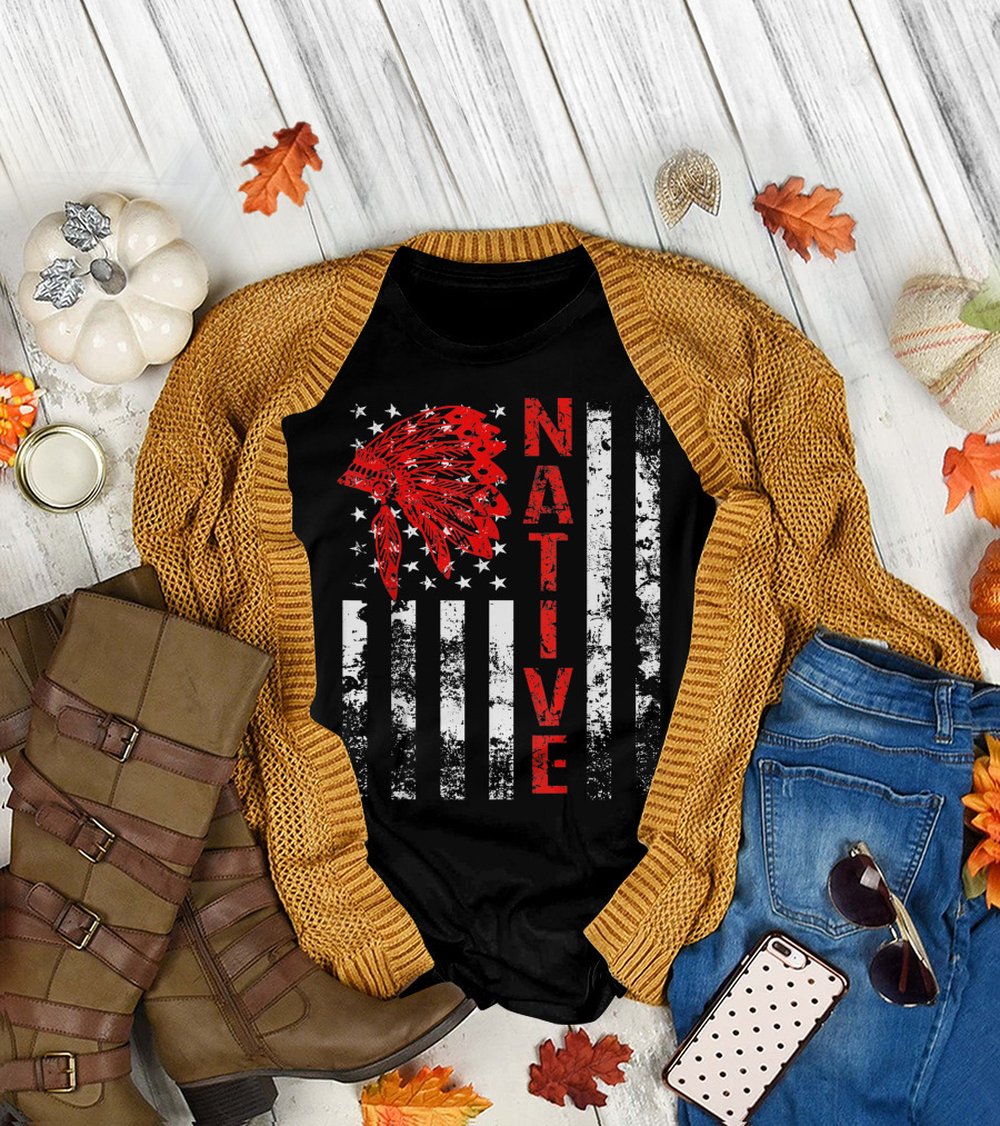 Native American Vintage Flag Usa Native Day Headdress T-Shirt