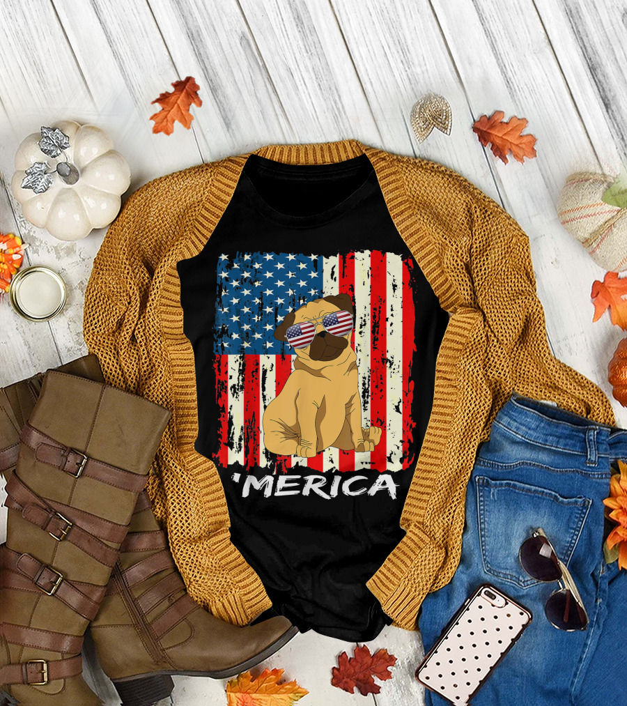 USA Stars and Stripes Pug 'Merica American Flag 4th of July T-Shirt