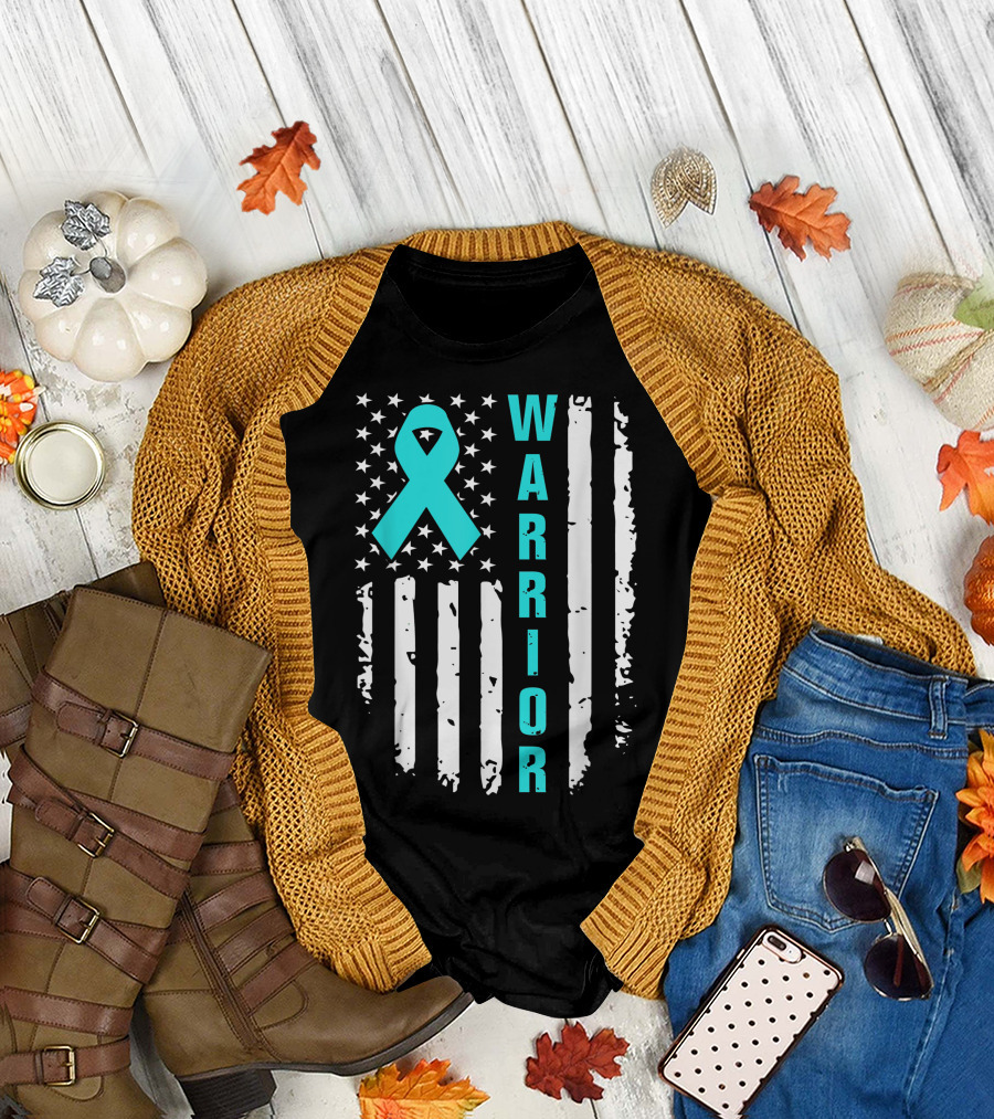Warrior Ribbon American Flag Ovarian Cancer Awareness T-Shirt