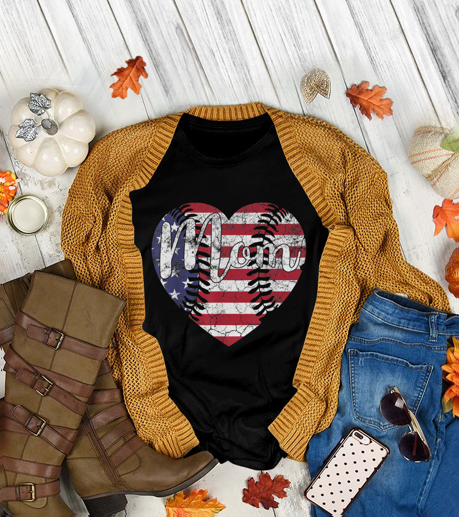 Mom Heart with American Flag and Baseball Stitching T-Shirt