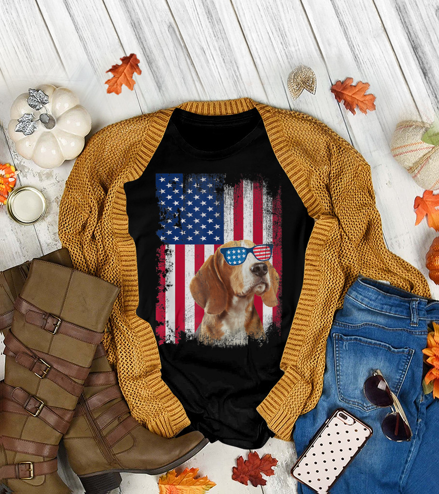 Vintage Beagle Dog American USA Flag Sunglasses Patriotic T-Shirt