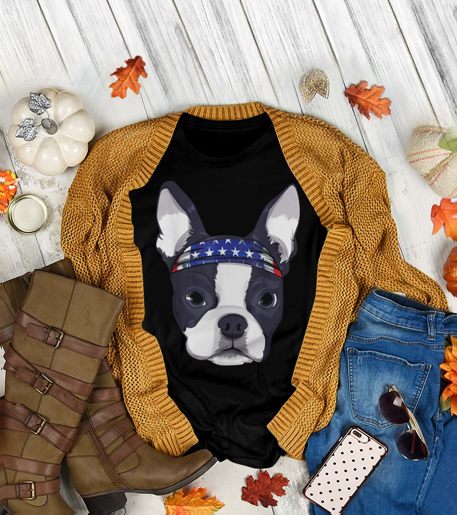 Boston Terrier with American Flag Bandana for 4th of July T-Shirt