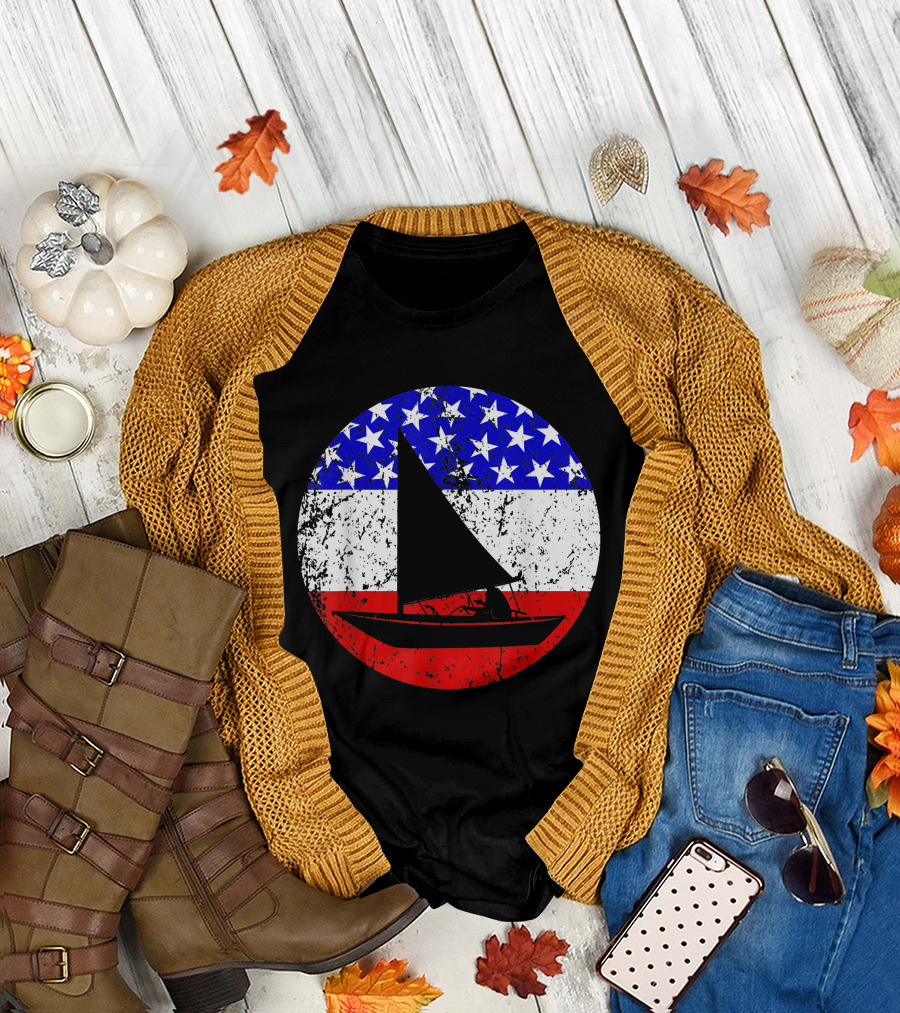 American Flag Vintage Sail Boat Retro Stars and Stripes Nautical T-Shirt
