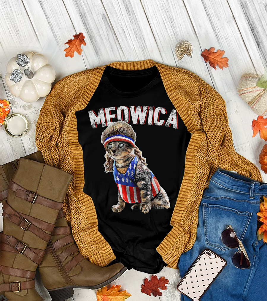Meowica Cat American Flag Mullet Patriotic 4th of July T-Shirt