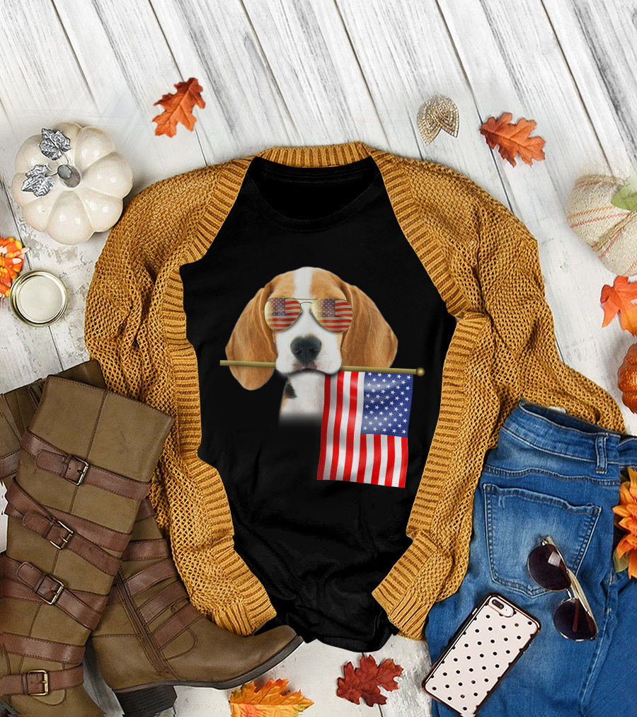 4Th Of July American Flag Beagle with Sunglasses T-Shirt
