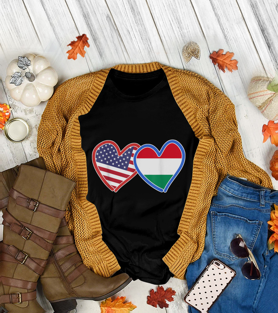 Hungarian American Heart Flags Featuring Hungary and America Symbols T-Shirt