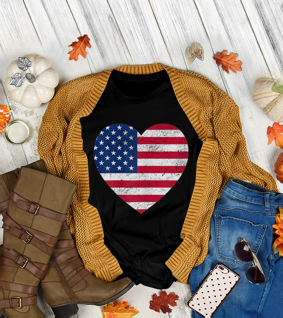 Heart Shaped American Flag 4Th Of July T-Shirt