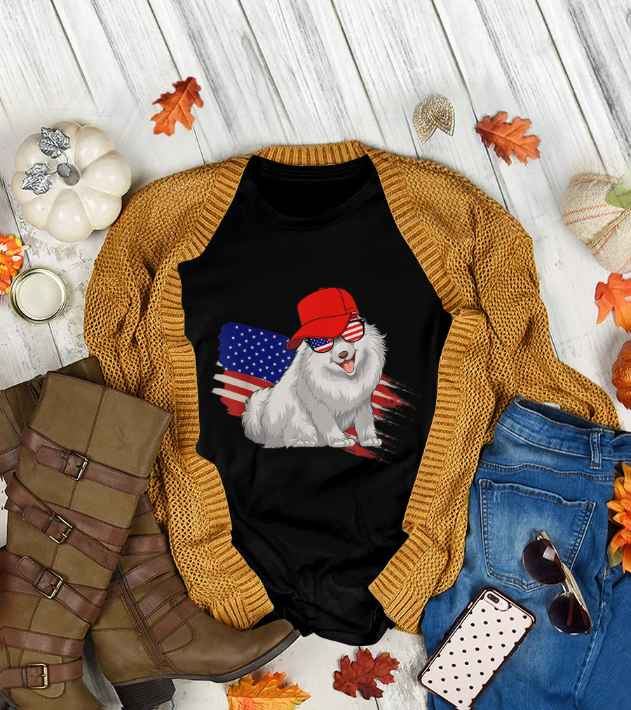 Samoyed Wearing American Flag Sunglasses and Red Cap for USA Patriotic 4th of July T-Shirt