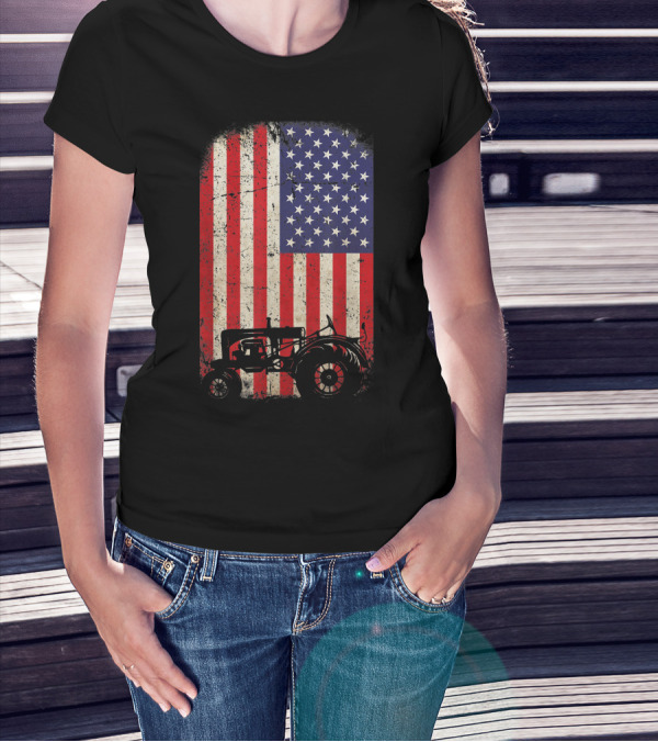 Rustic American Flag Tractor 4th Of July Farmer T-Shirt