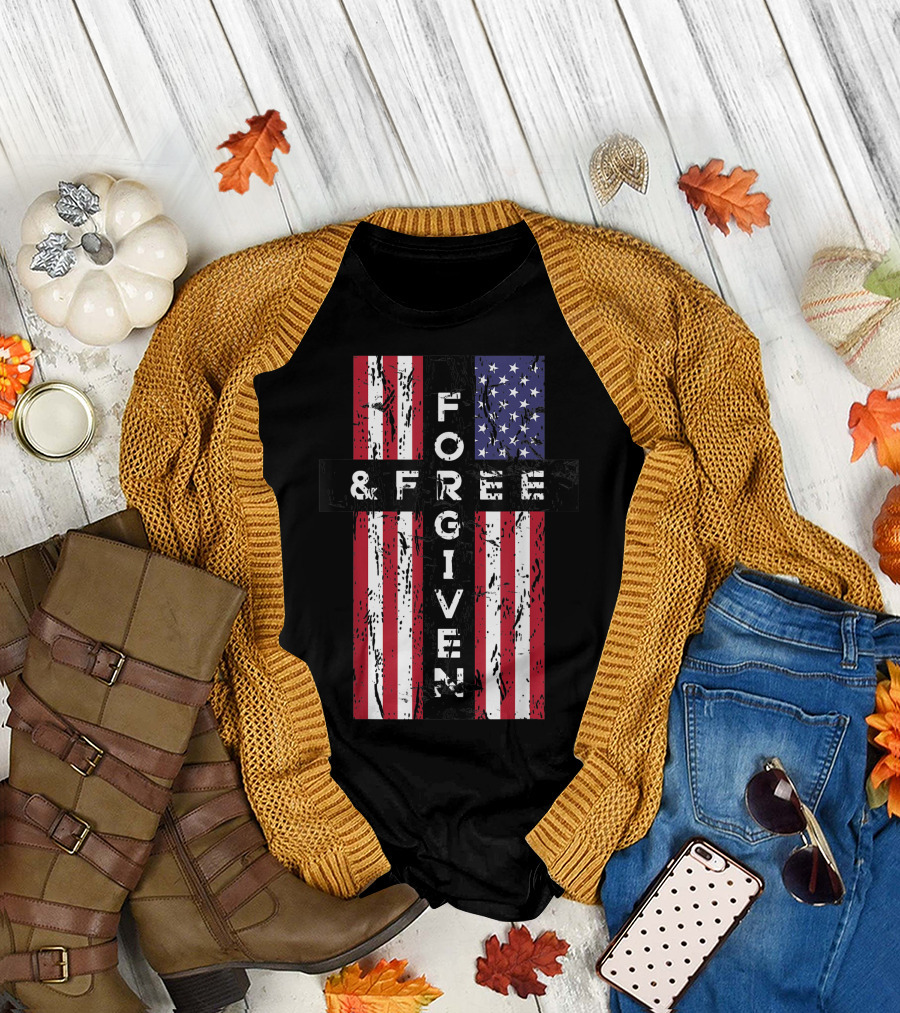 Forgiven and Free Cross on Vintage American Flag Christian T-Shirt